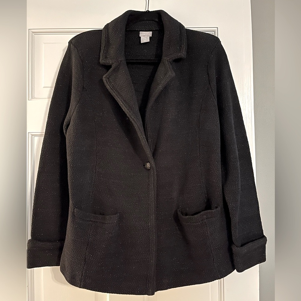 CHICO’S Single Button Black Knit Blazer with Silver Fleck Accents in Fabric.
